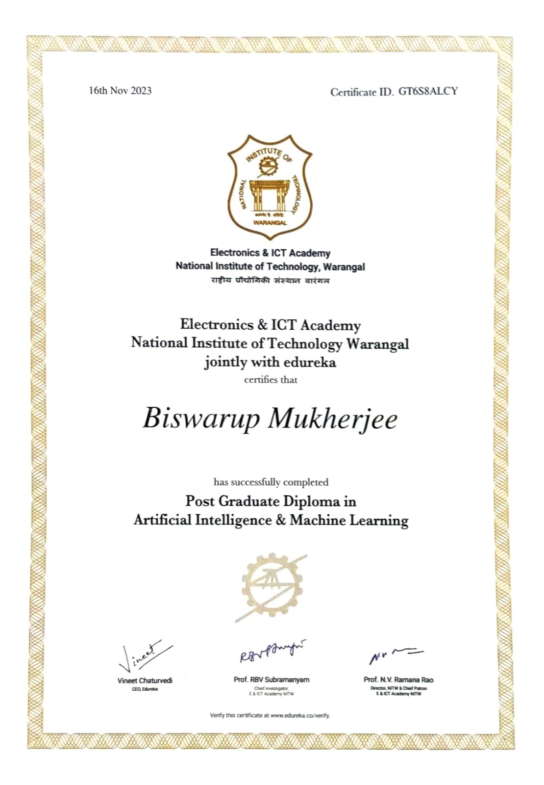 PG Diploma in AI and ML — NIT Warangal — Biswarup Mukherjee credential