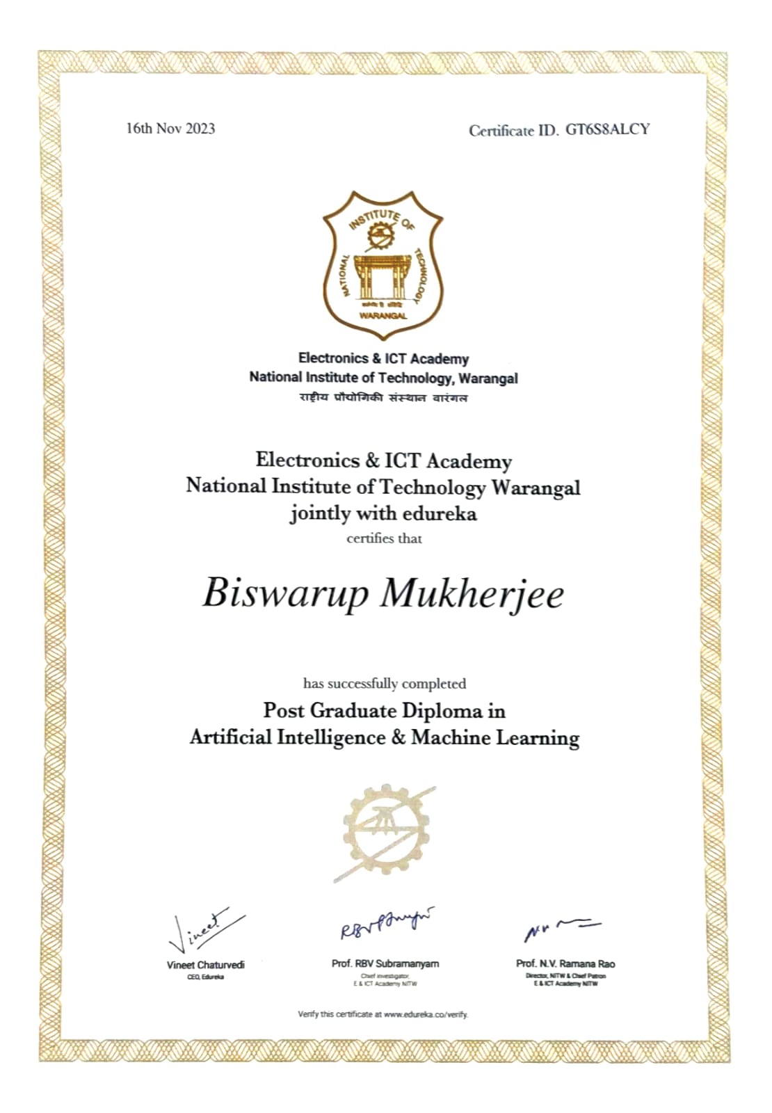 PG Diploma in AI and ML — NIT Warangal — Biswarup Mukherjee credential